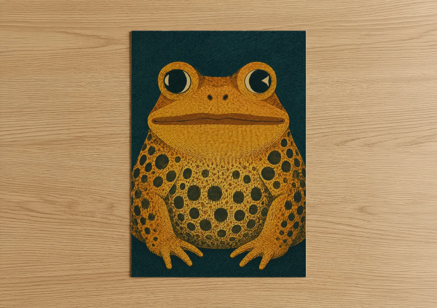Frogs and toads art print on warm oak wood — gold and teal palette — Golden Frog Illustration Wall Art poster