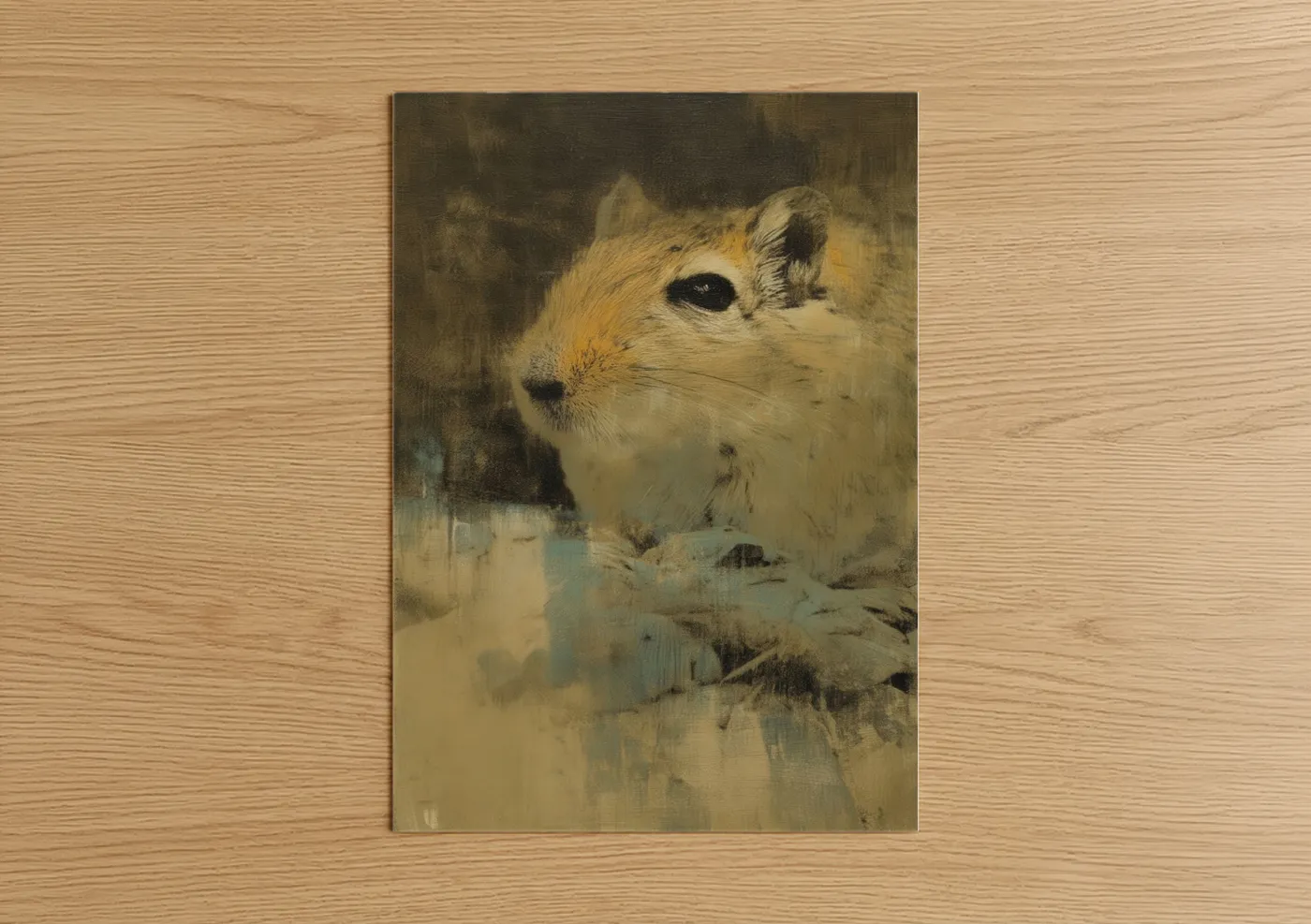 Art print on warm oak wood — brown and cream palette — Curious Gerbil poster