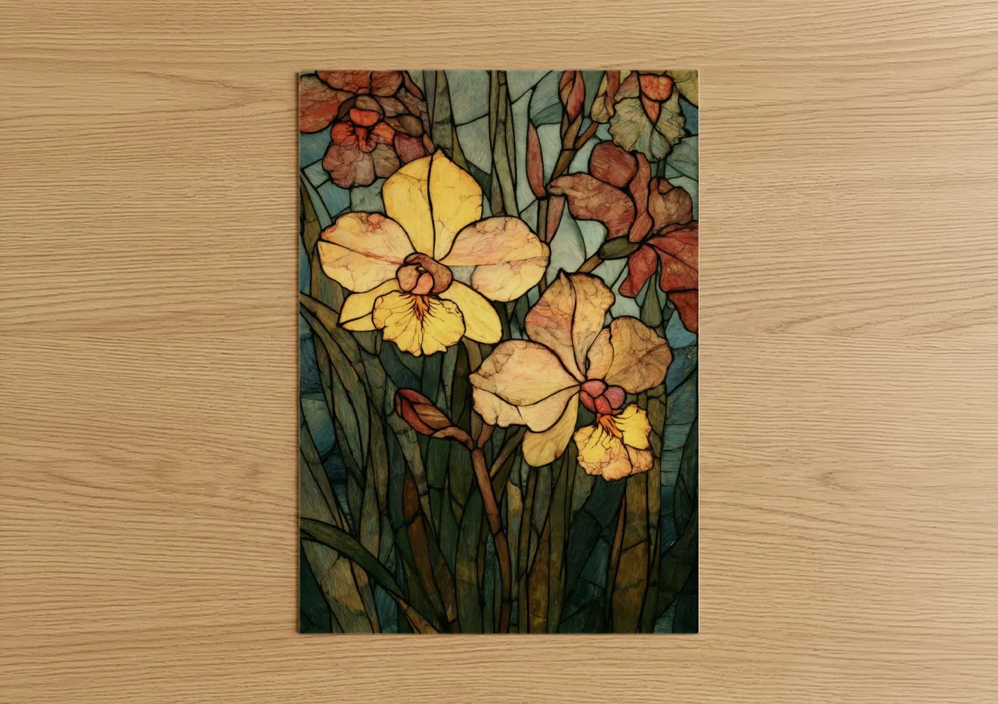 Art print on warm oak wood — gold and teal palette — Golden Orchid Garden poster
