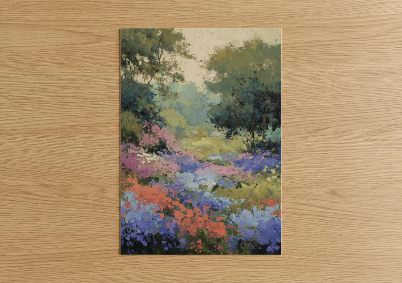 Violets art print on warm oak wood — green and purple palette — Wildflower Meadow poster