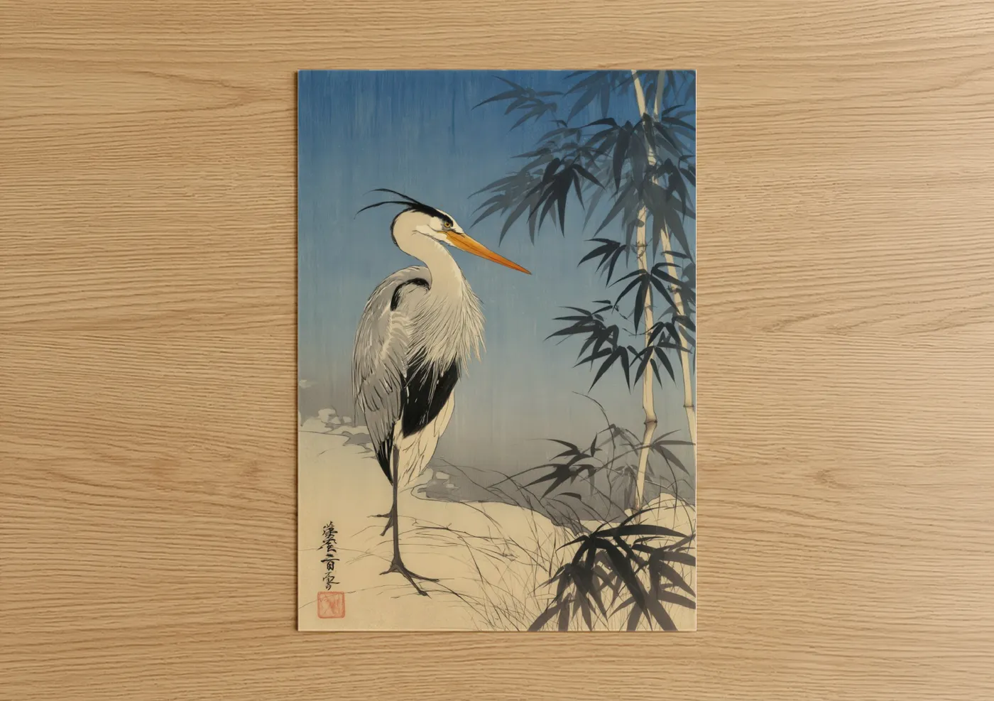 Art print on warm oak wood — blue and cream palette — Misty Heron poster