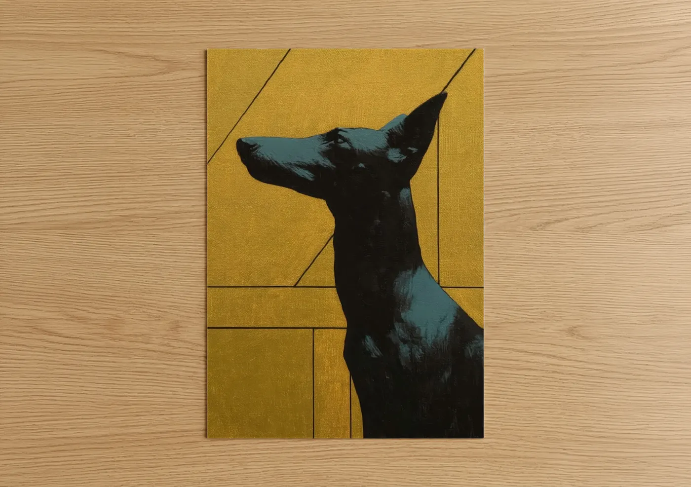 Art print on warm oak wood — gold and black and gold palette — Contemplative Terrier poster