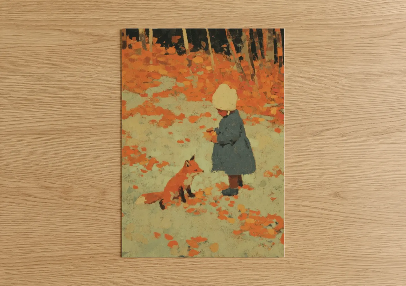 Child with Red Fox Autumn Illustration Wall Art