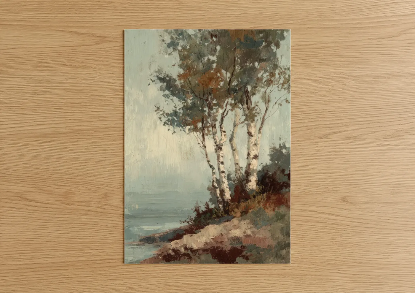 Lakeside Birch Trees Watercolor Painting Wall Art