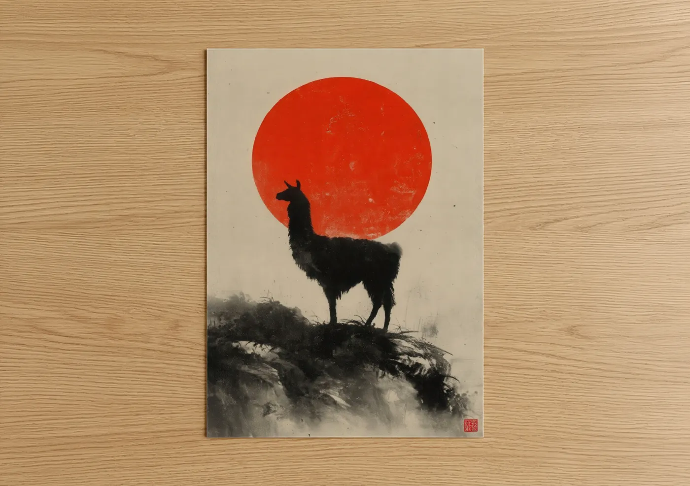 Art print on warm oak wood — red and black and white palette — Crimson Summit Llama poster