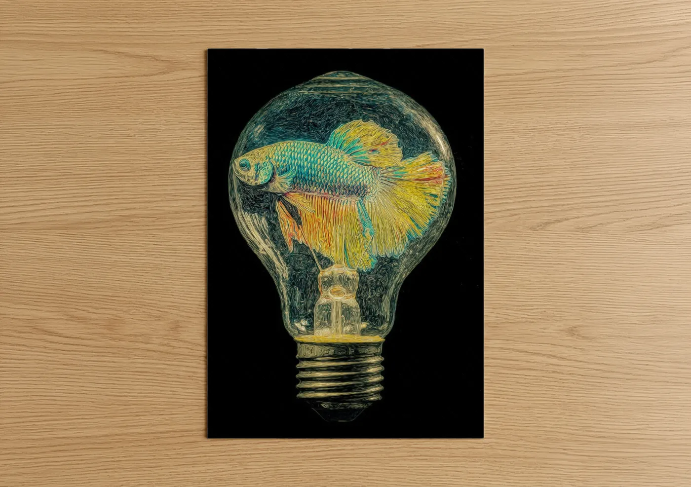Art print on warm oak wood — gold and teal palette — Luminous Betta Fish poster