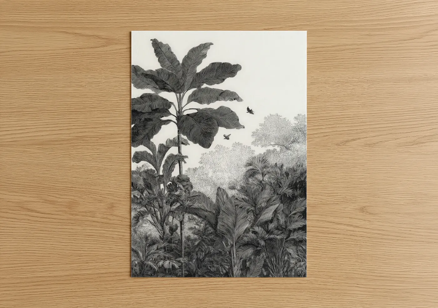 Palm forest art print on warm oak wood — black and white palette — Tropical Palm Sanctuary poster
