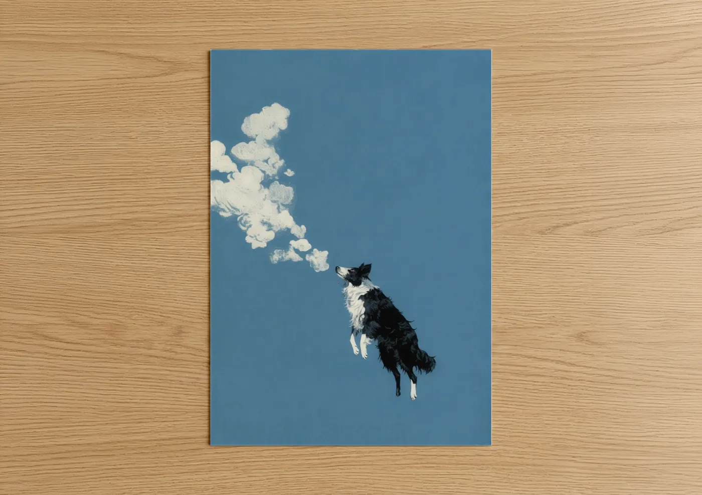 Shepherd dogs and collies art print on warm oak wood — blue and white palette — Dreaming Collie poster