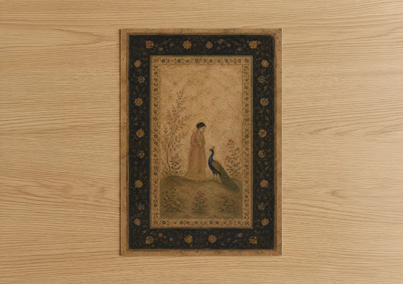 Art print on warm oak wood — gold and beige palette — Persian Peacock Garden Wall Art poster