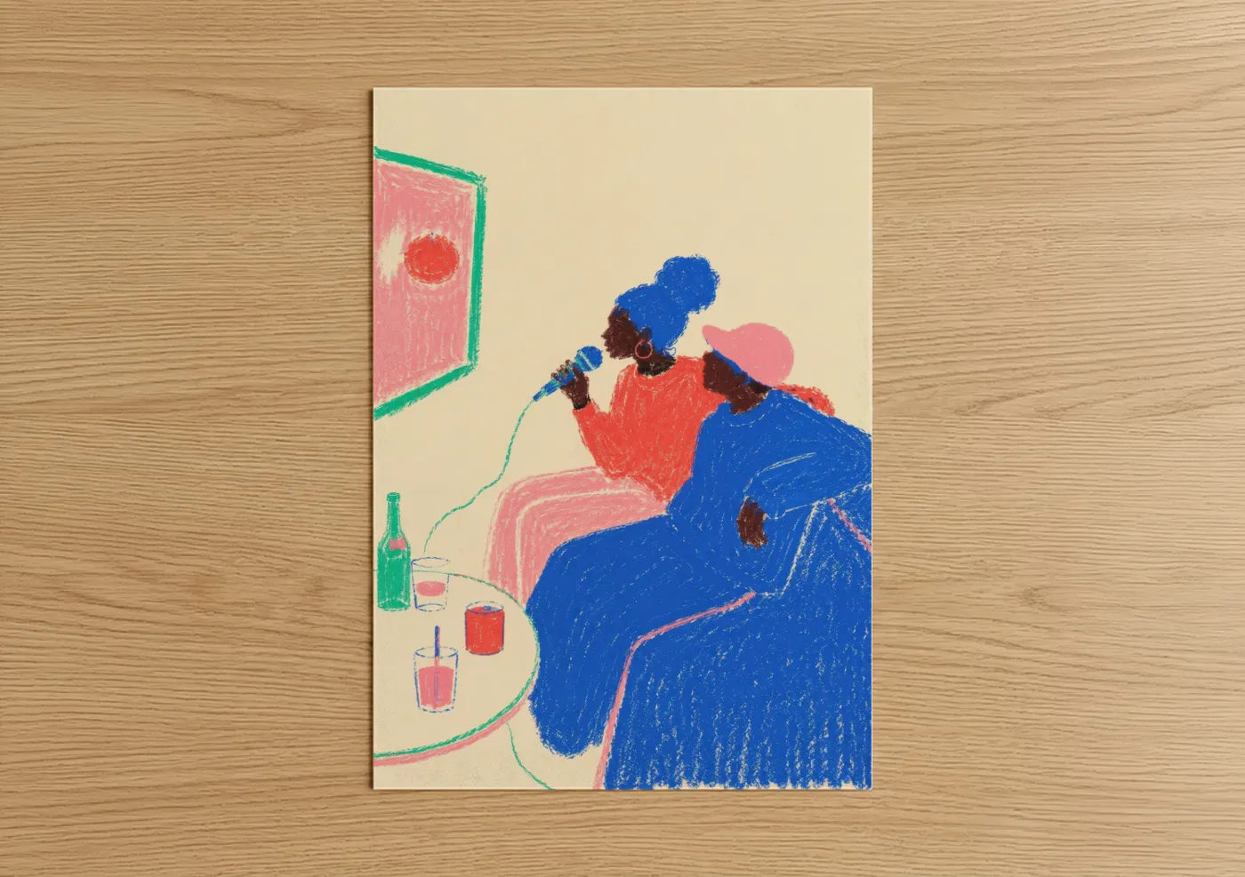 Musician art print on warm oak wood — blue and pink palette — Jazz Singer Woman Wall Art poster