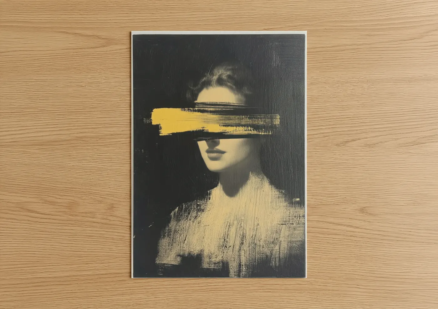 Abstract classic art print on warm oak wood — black and white and yellow gold palette — Blindfolded Portrait poster