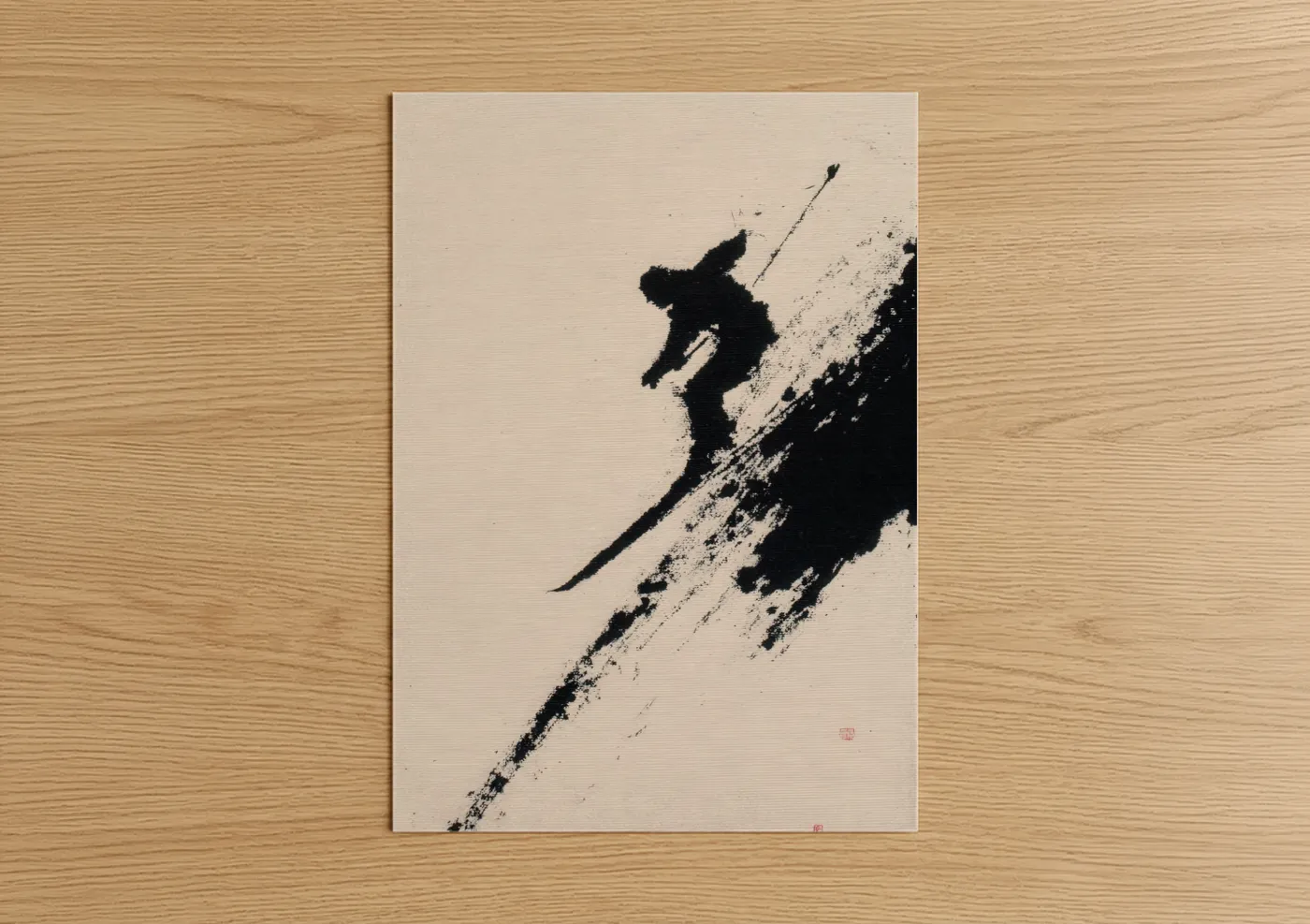 Skiing art print on warm oak wood — black and white palette — Downhill Skier poster