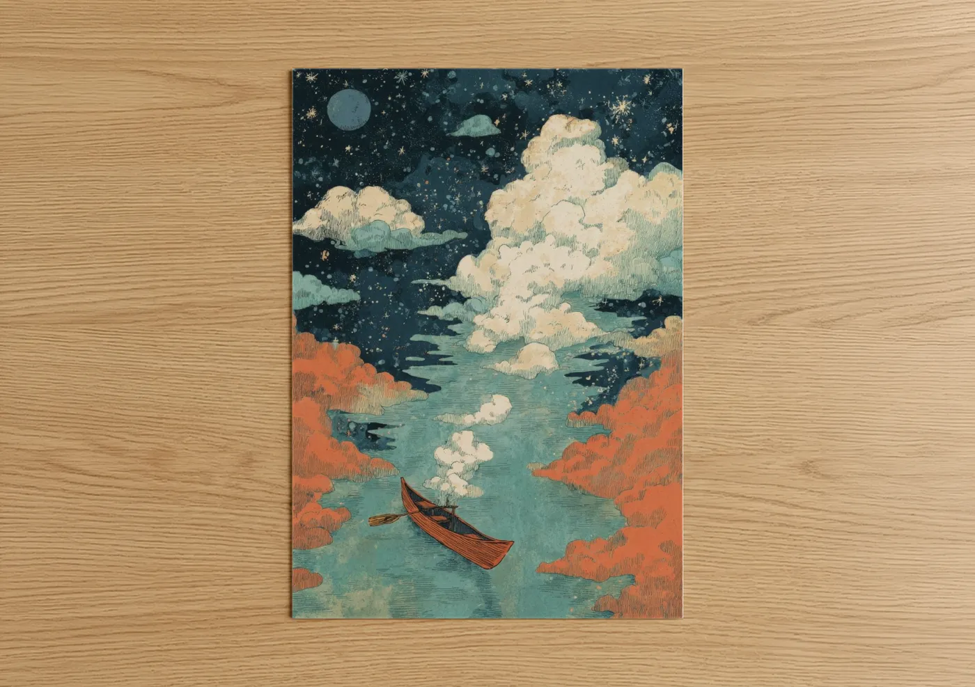 Moonlit Boat Night Sky Watercolor Wall Art