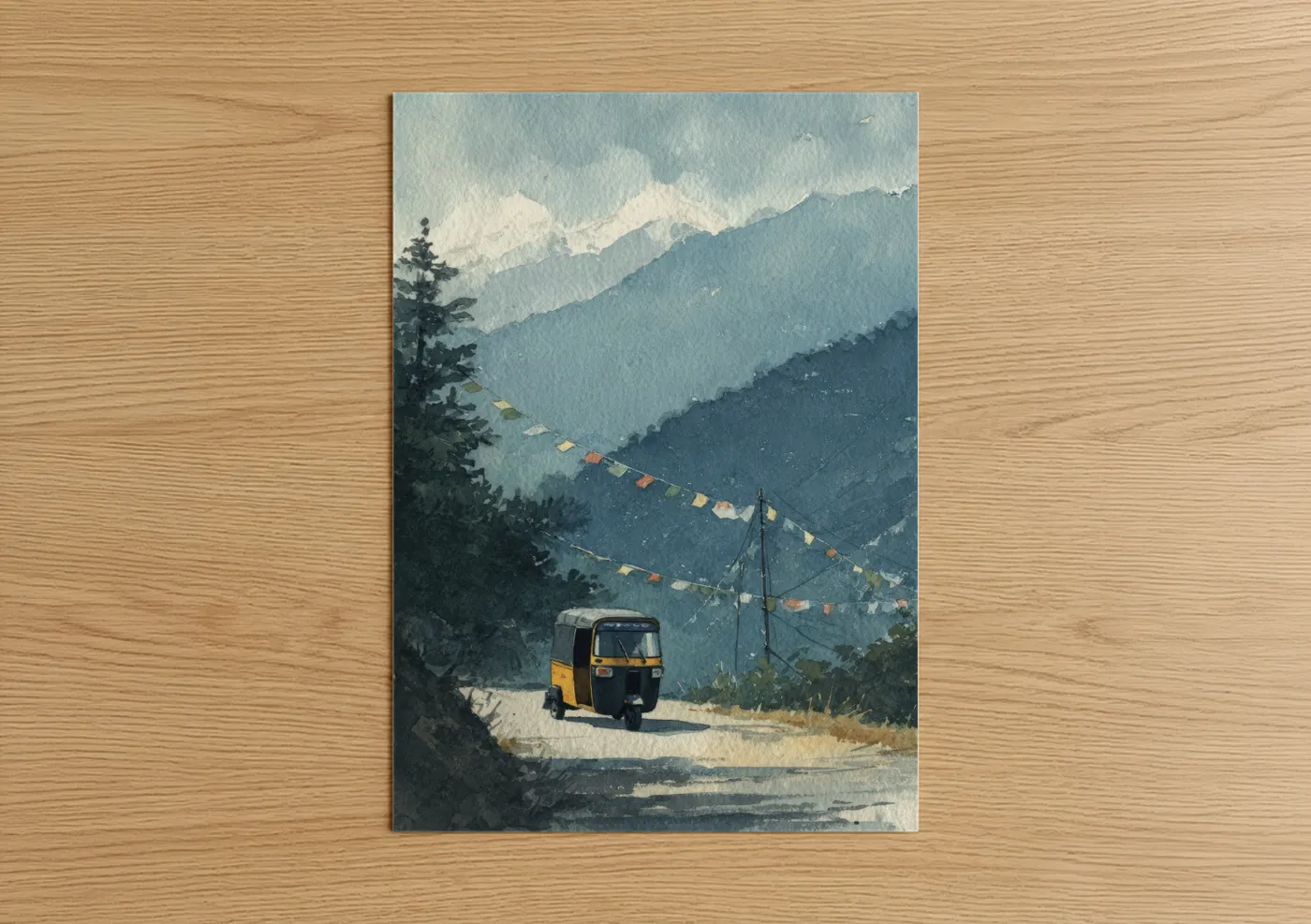 Mountain Rickshaw Himalayan Watercolor Wall Art