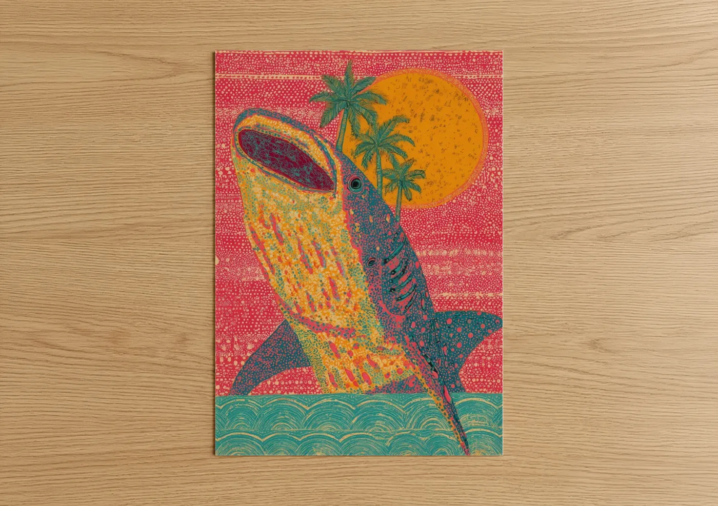 Art print on warm oak wood — gold and teal palette — Tropical Whale Shark poster