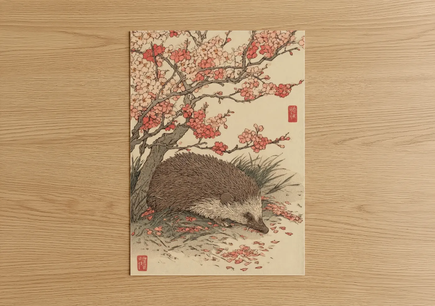 Hedgehog Cherry Blossoms Japanese Art Wall Art