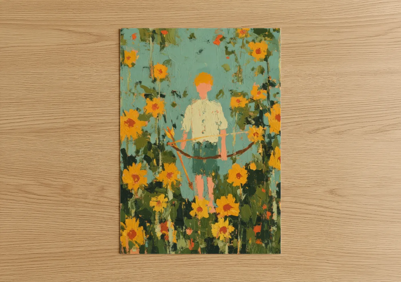 Archery art print on warm oak wood — gold and teal palette — Sunflower Archer poster