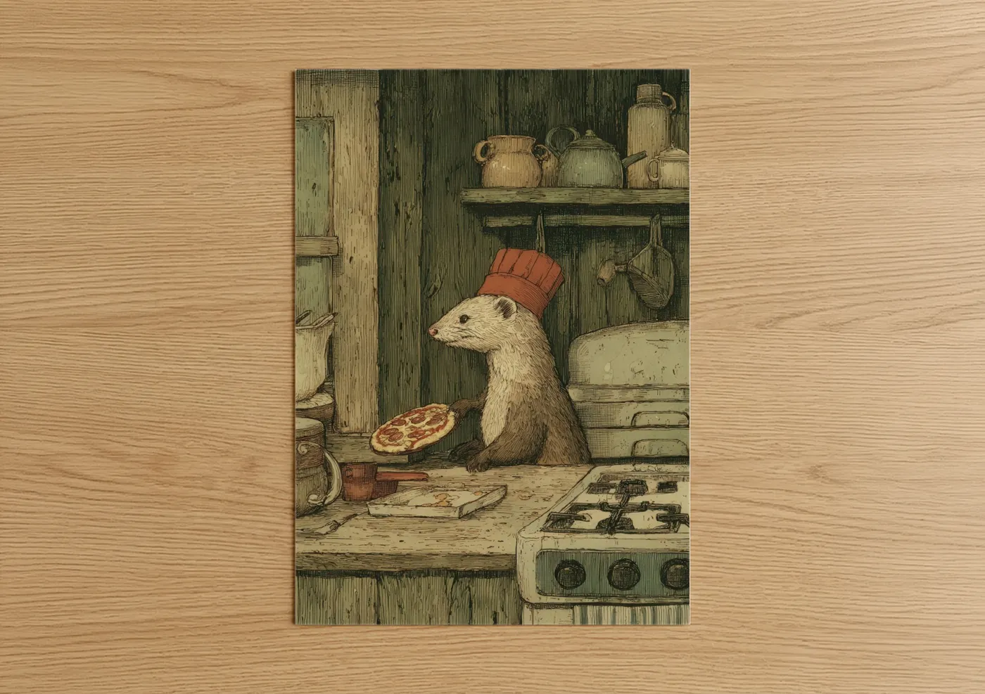 Whimsical Chef Weasel Kitchen Illustration Wall Art