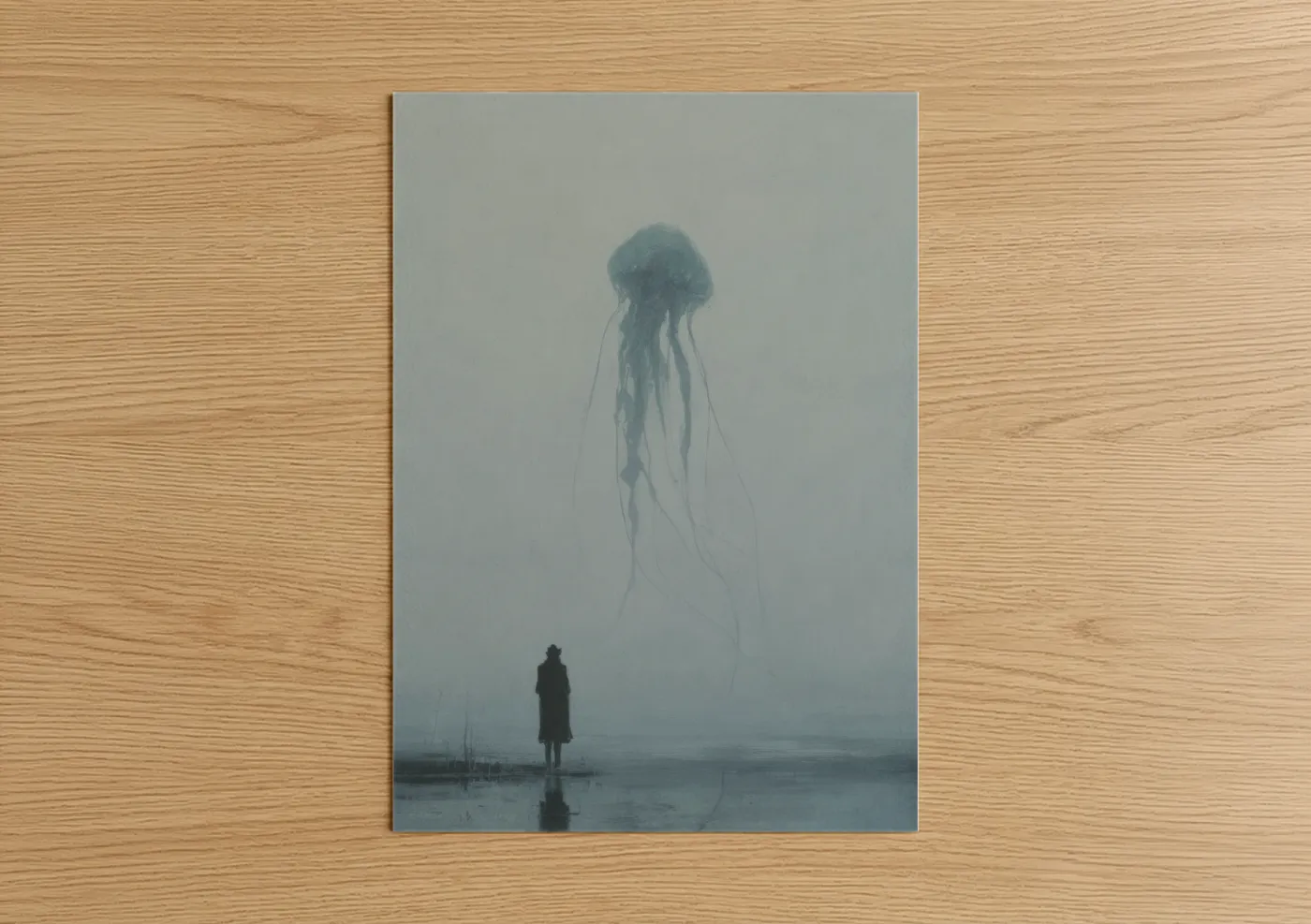 Art print on warm oak wood — gray and blue palette — Ethereal Jellyfish poster