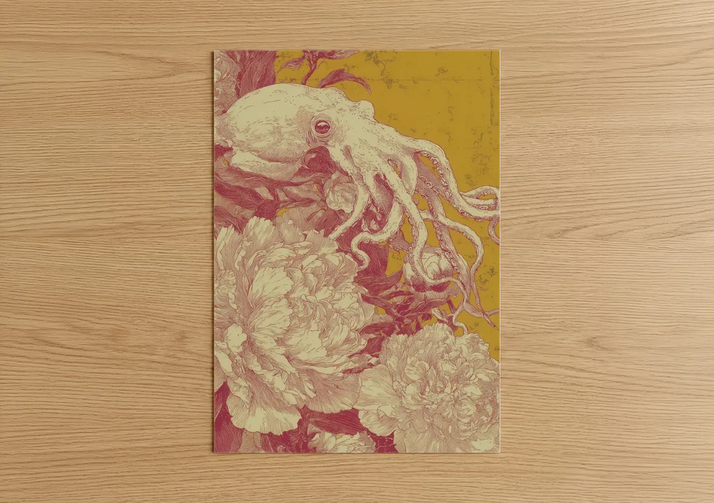 Crimson Squid with Peony Flowers Wall Art