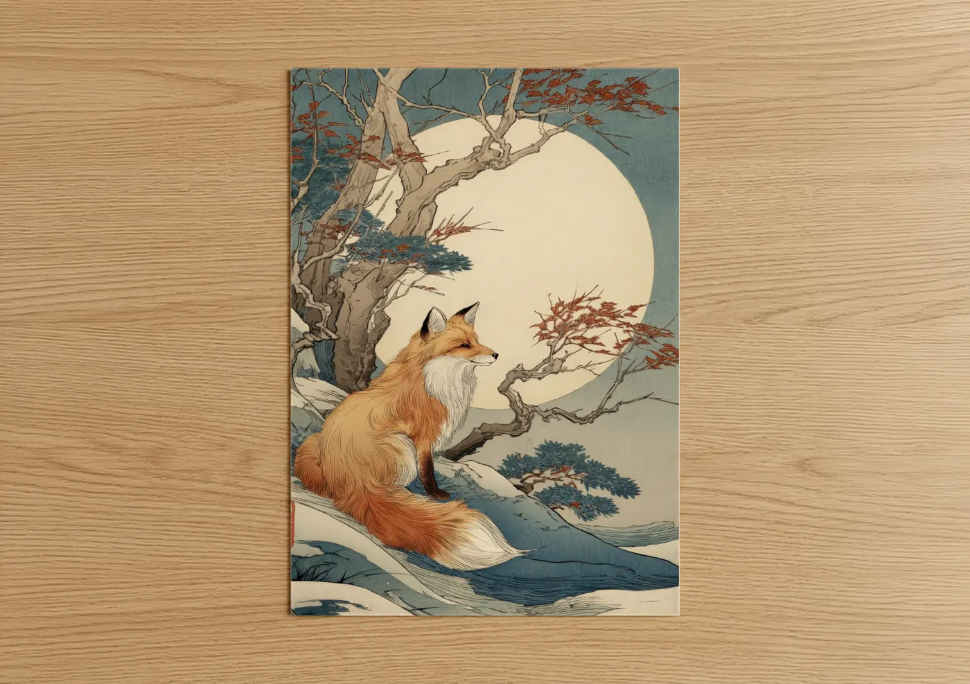 Fox with Moon Japanese Art Print Wall Art