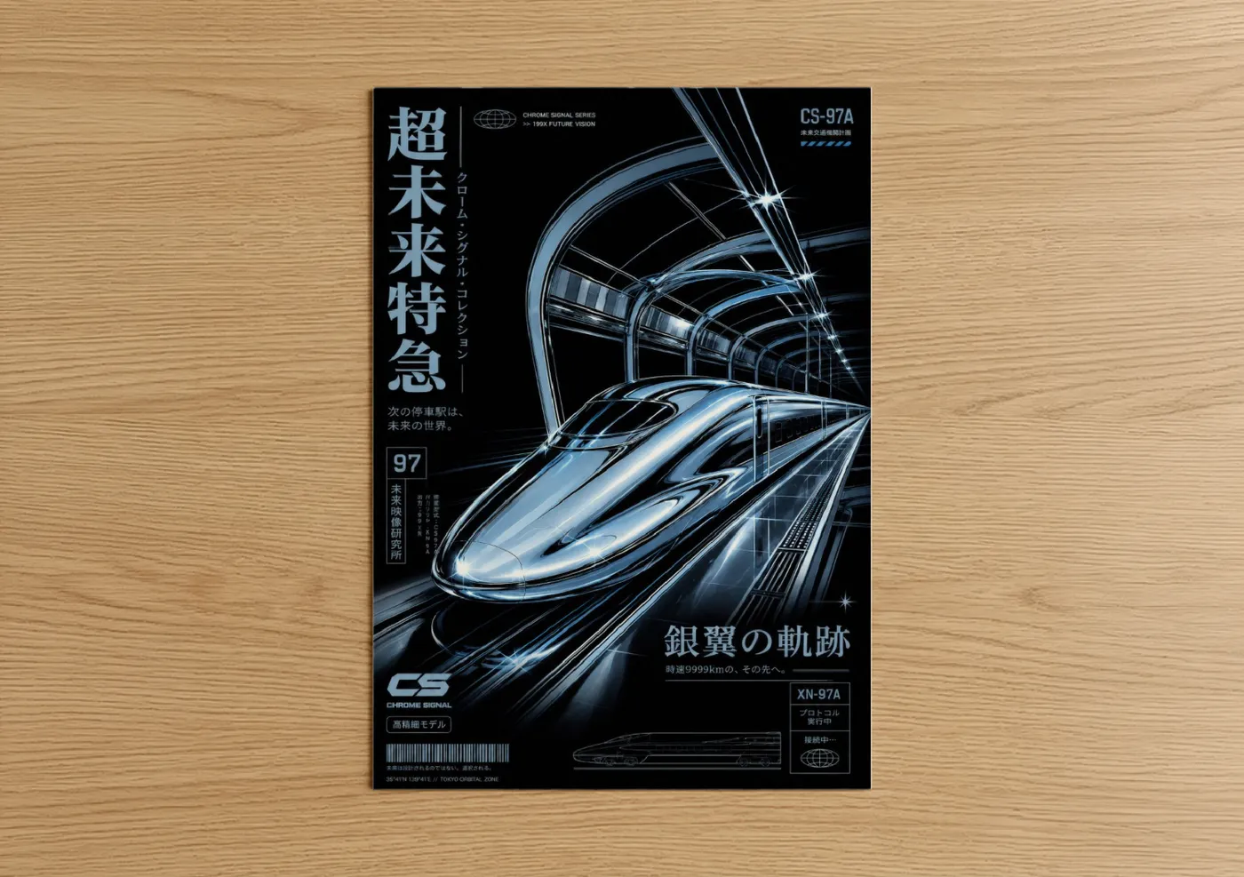Art print on warm oak wood — blue and silver palette — Futuristic Train Station Wall Art poster