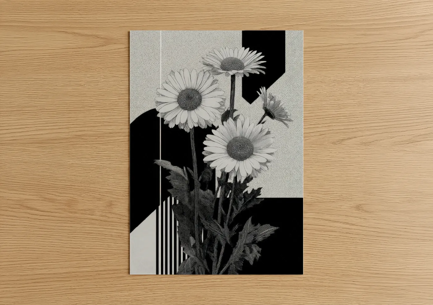 Art print on warm oak wood — black and white palette — Monochrome Daisy Trio poster