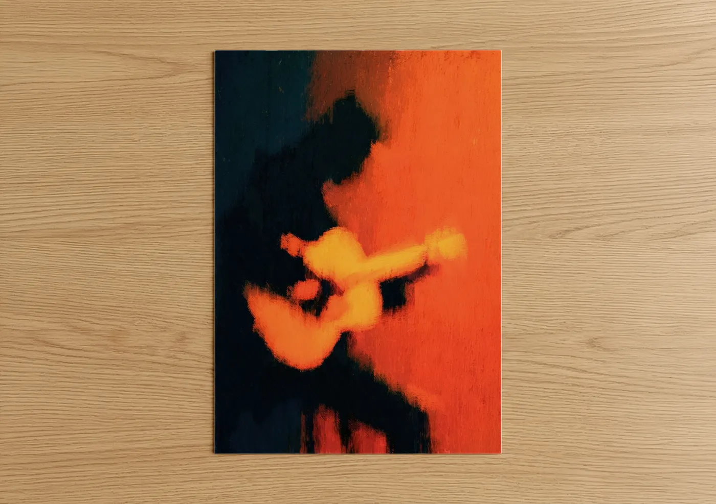 Acoustic guitar art print on warm oak wood — orange and black palette — Fiery Acoustic poster
