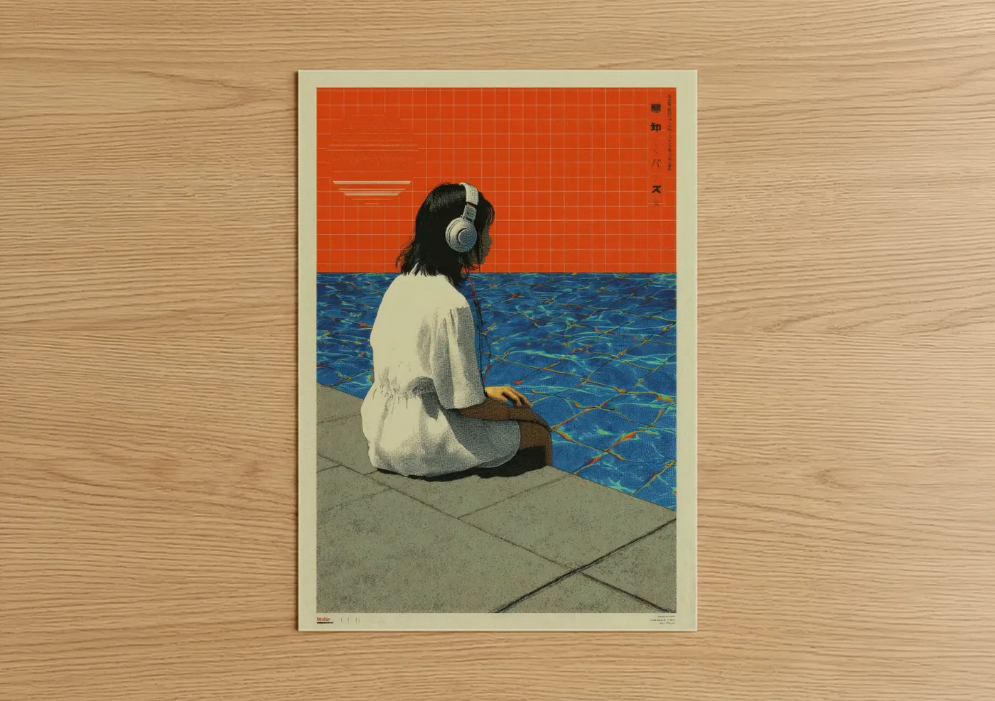 Japanese y2k art print on warm oak wood — red and blue palette — Poolside Listener poster