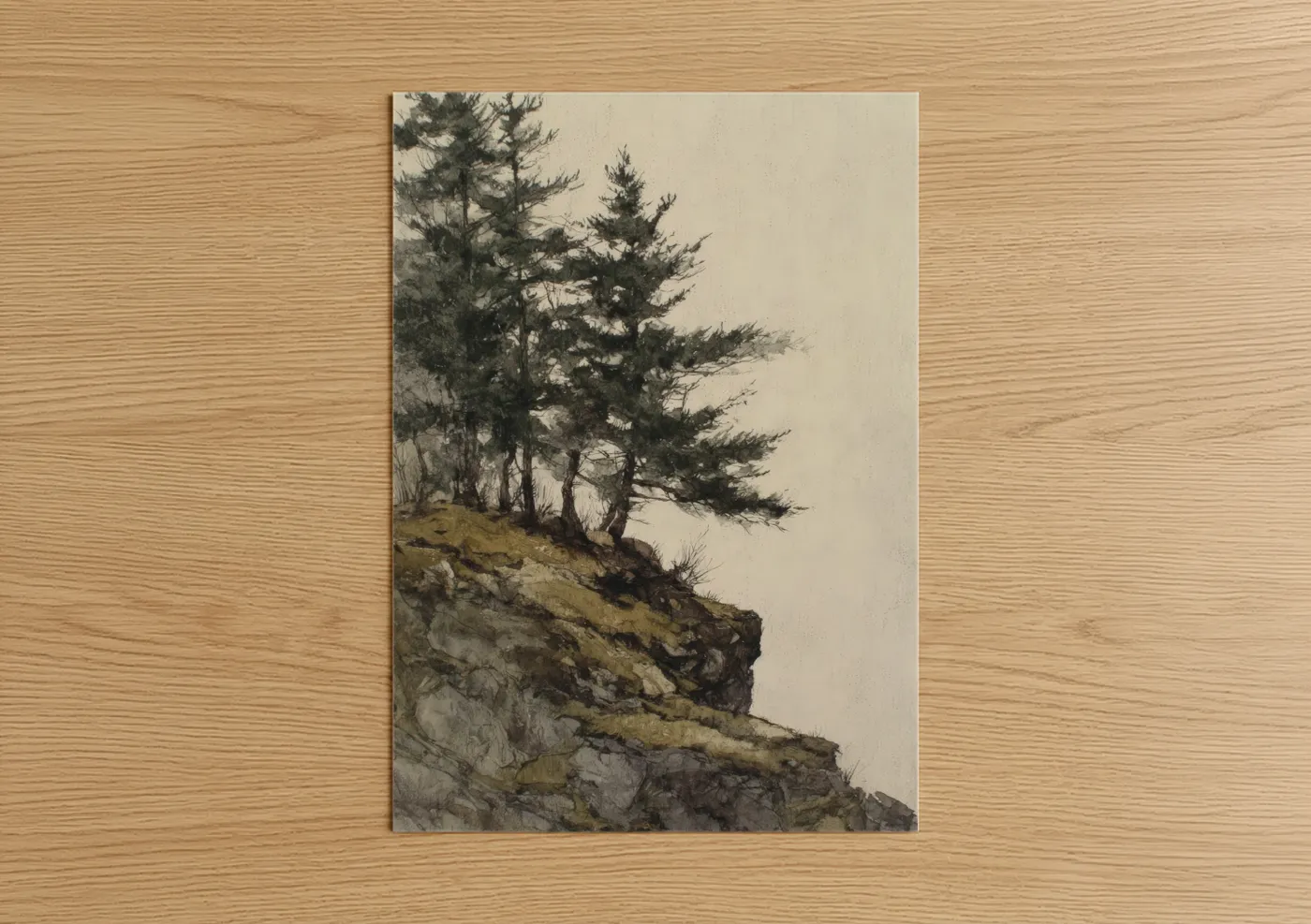 Forest trees art print on warm oak wood — gray and olive palette — Windswept Pines poster