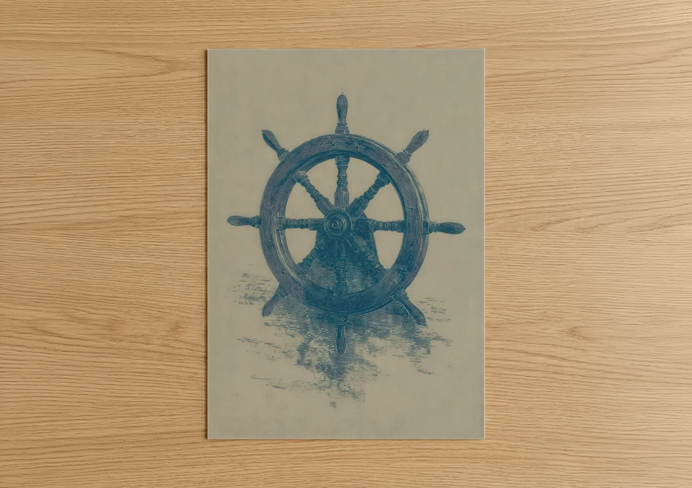 Vintage Coastal Shipwheel Blueprint Wall Art