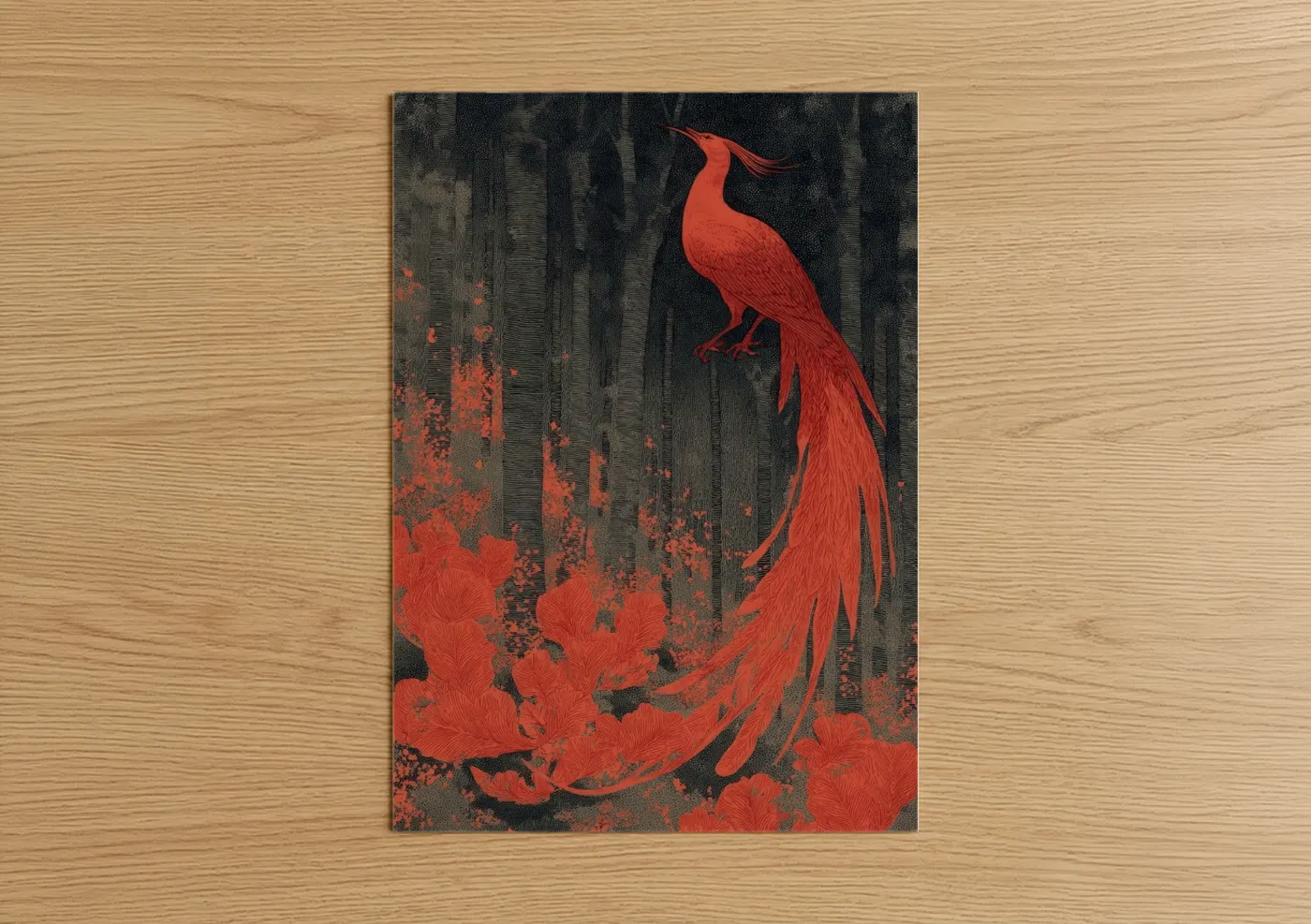 Art print on warm oak wood — red and black palette — Crimson Phoenix Dreamscape poster