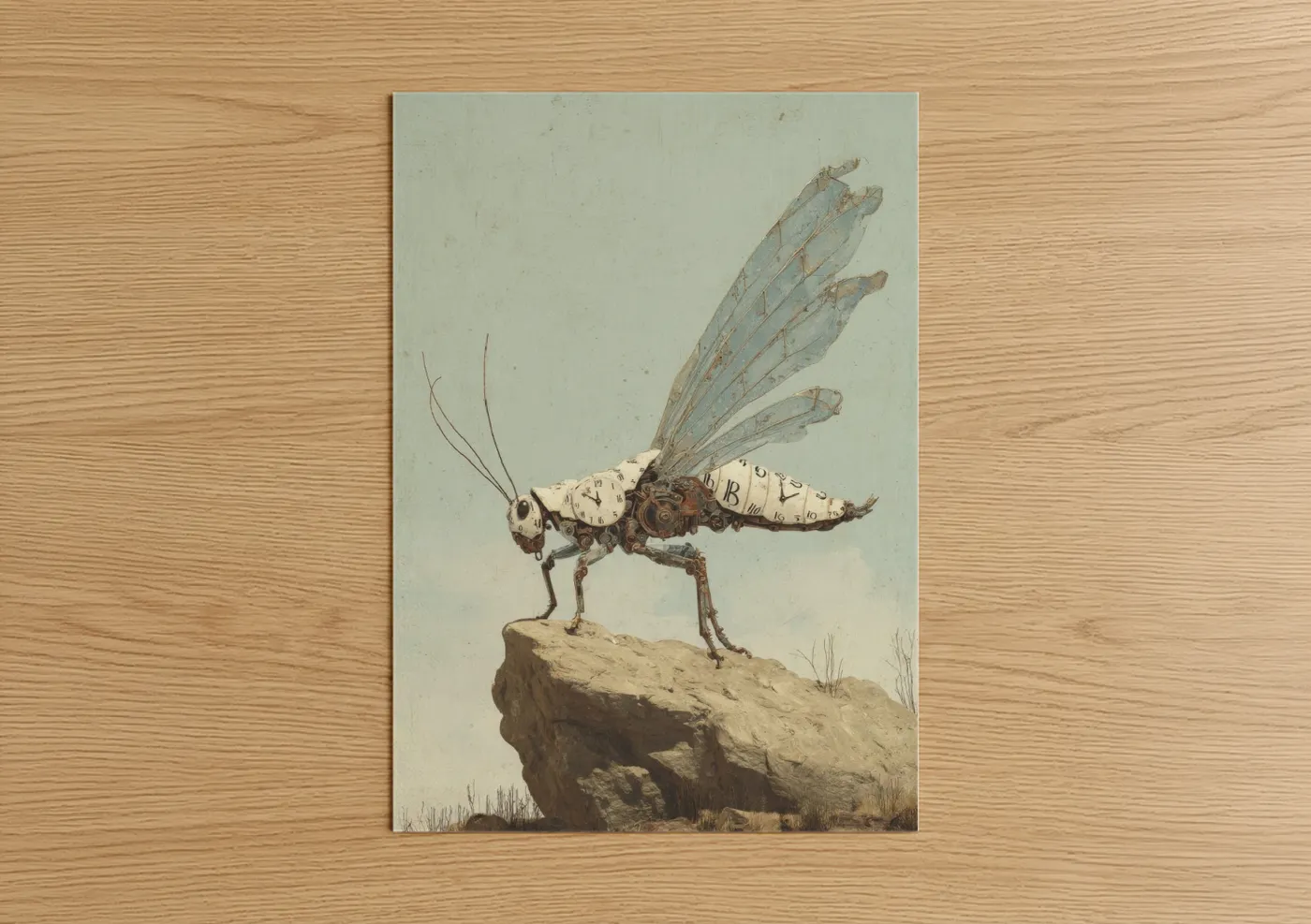 Art print on warm oak wood — blue and beige palette — Steampunk Grasshopper poster