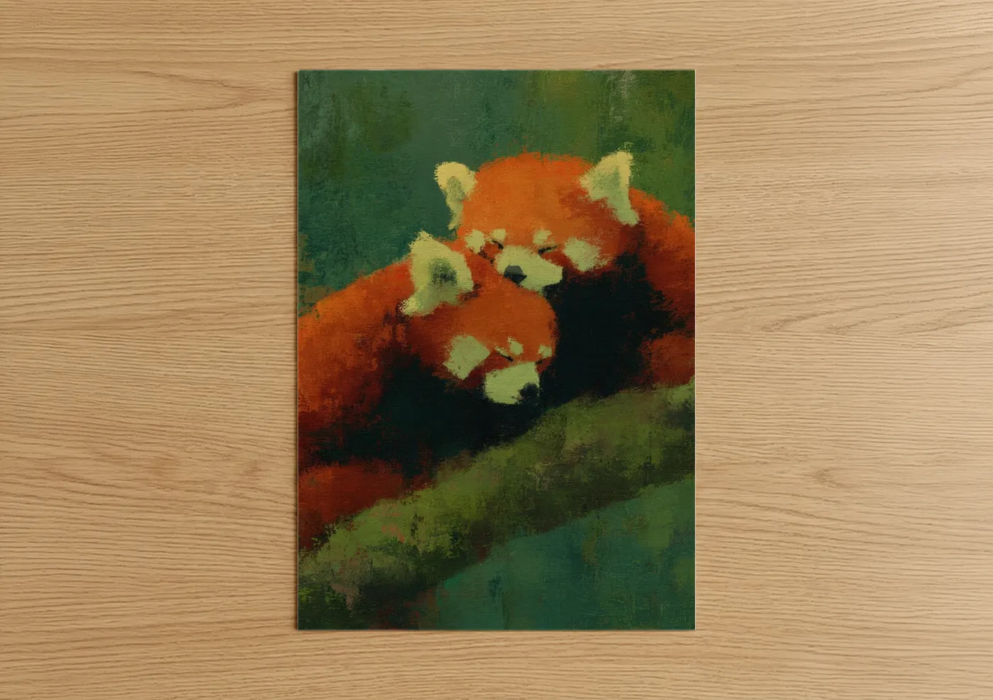 Animals in love art print on warm oak wood — green palette — Cuddling Red Pandas poster
