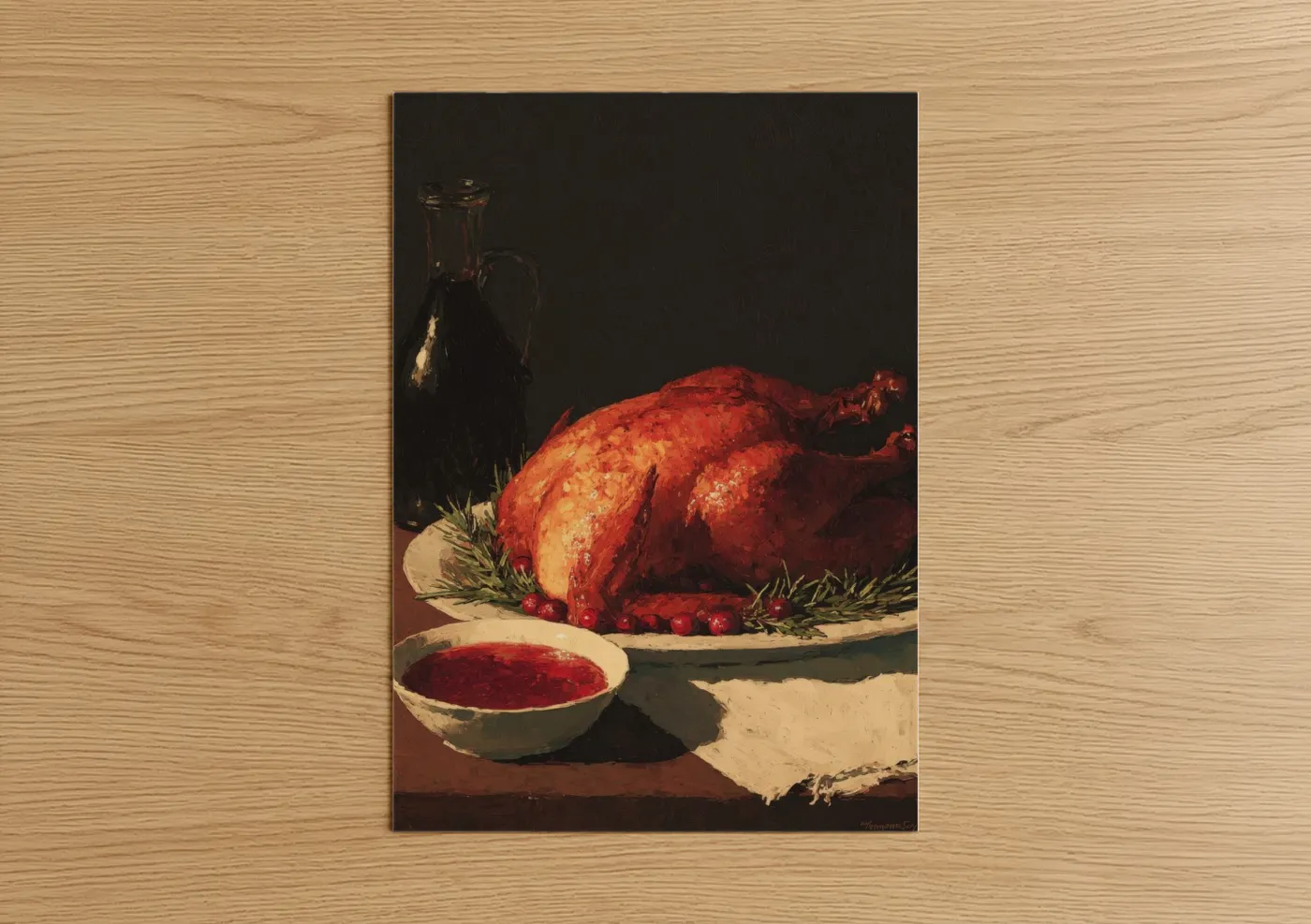 Art print on warm oak wood — red and gold palette — Roasted Poultry poster