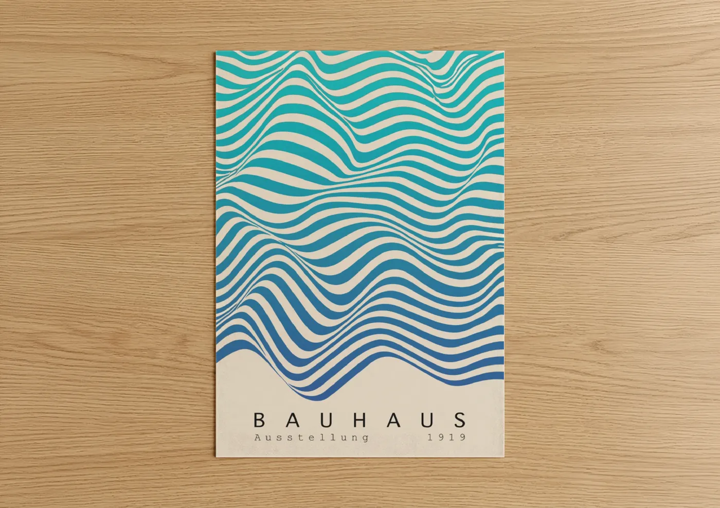 Abstract geometric art print on warm oak wood — turquoise and cream palette — Bauhaus Waves poster