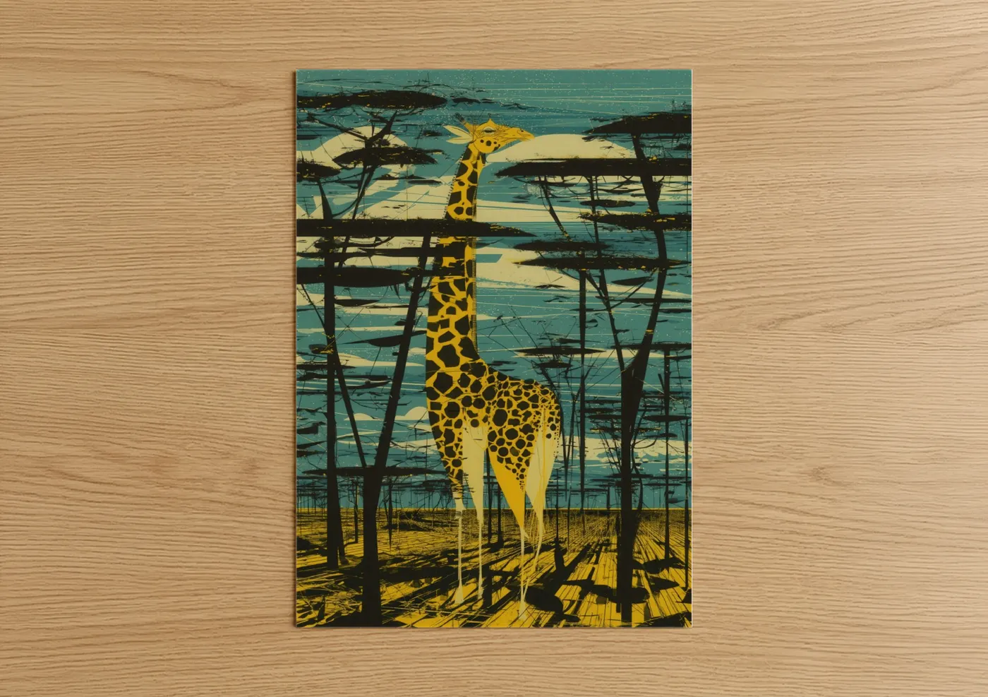 Art print on warm oak wood — yellow gold and teal palette — Golden Giraffe poster