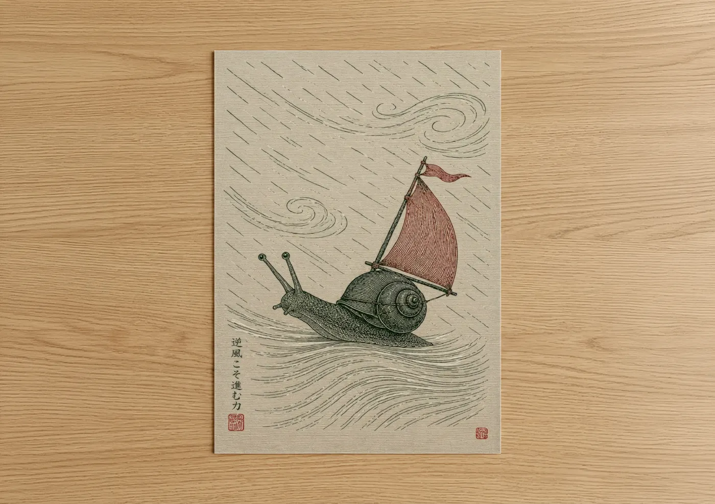 Art print on warm oak wood — beige and cream palette — Sailing Snail Japanese Woodblock Wall Art poster