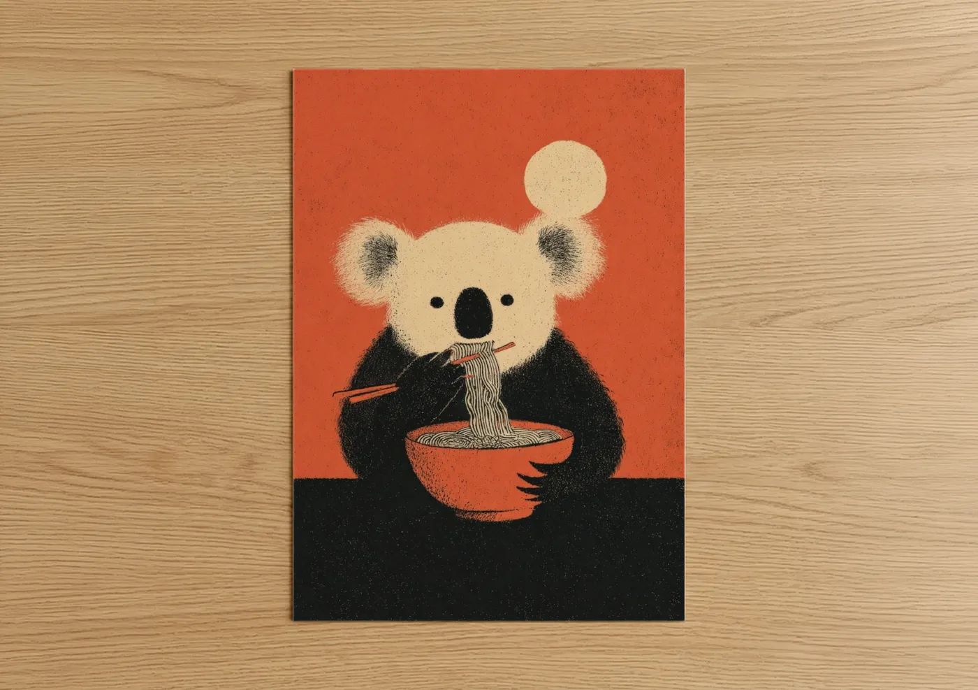 Koala Eating Noodles Illustration Wall Art