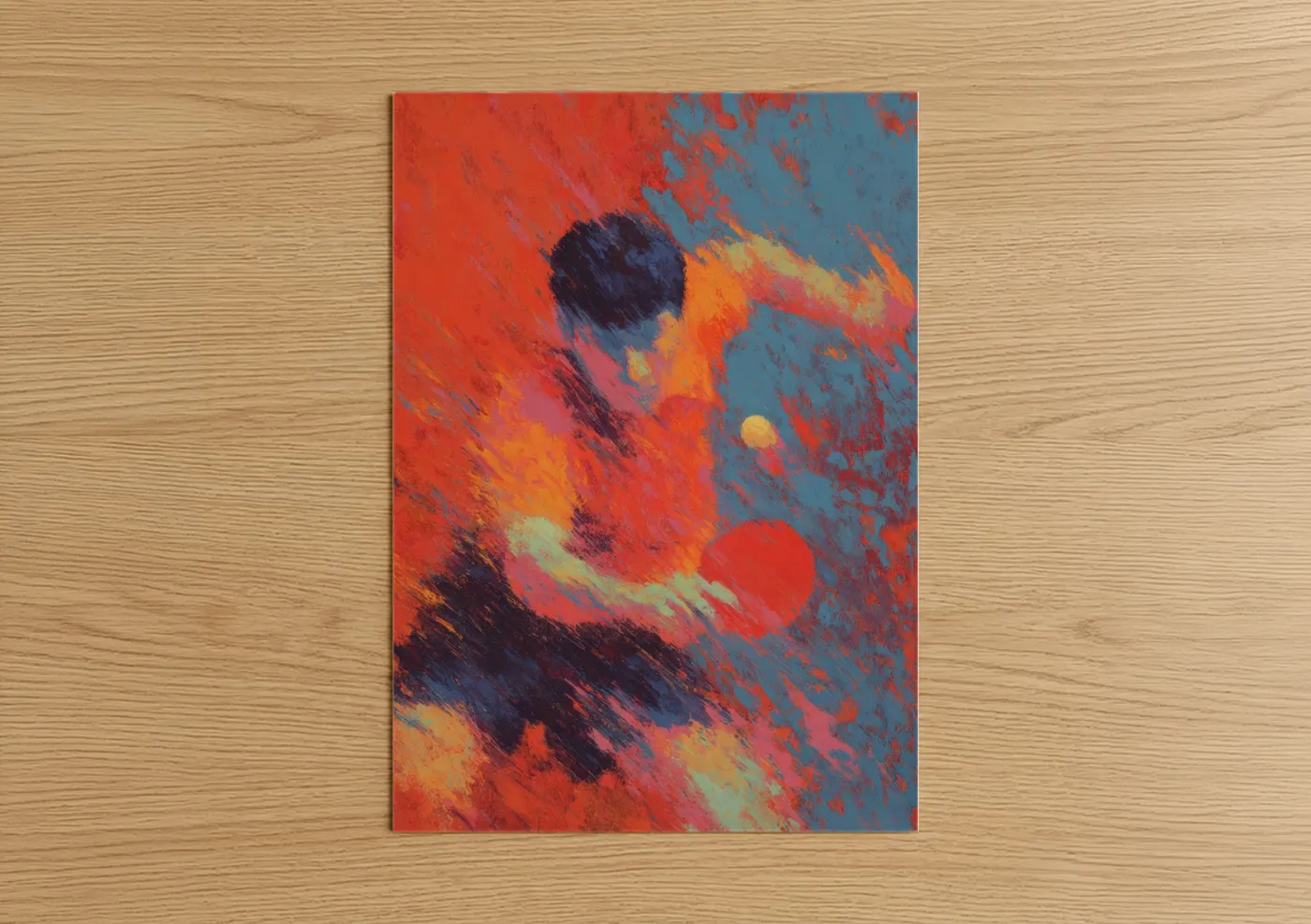 Table tennis art print on warm oak wood — red and orange palette — Crimson Motion poster