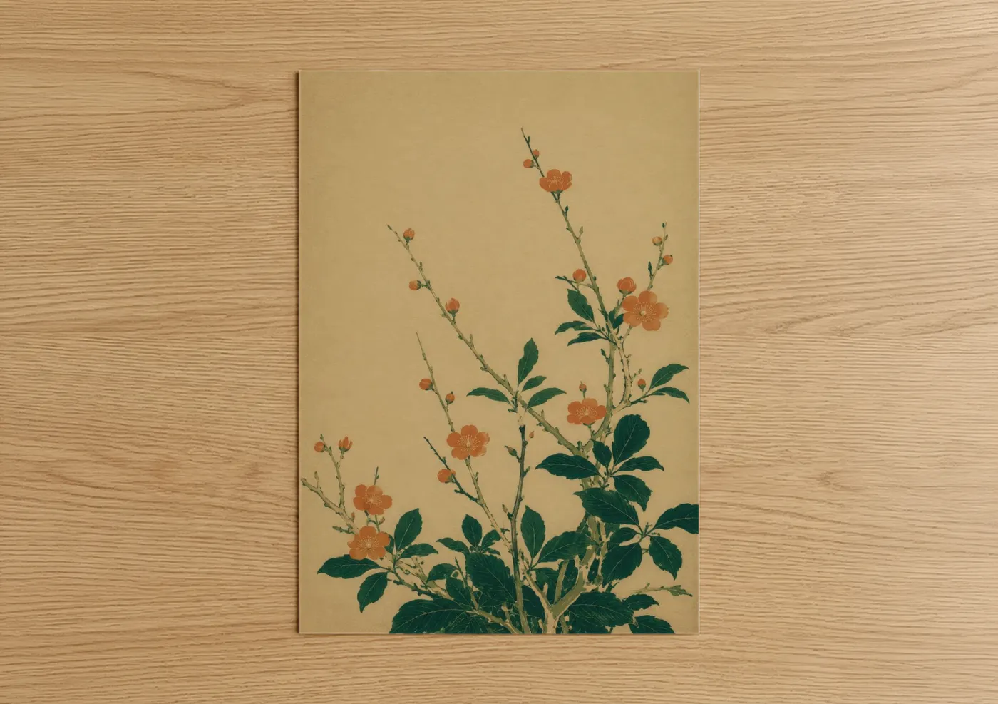 Flower art print on warm oak wood — peach and beige palette — Japanese Botanical Floral Wall Art poster