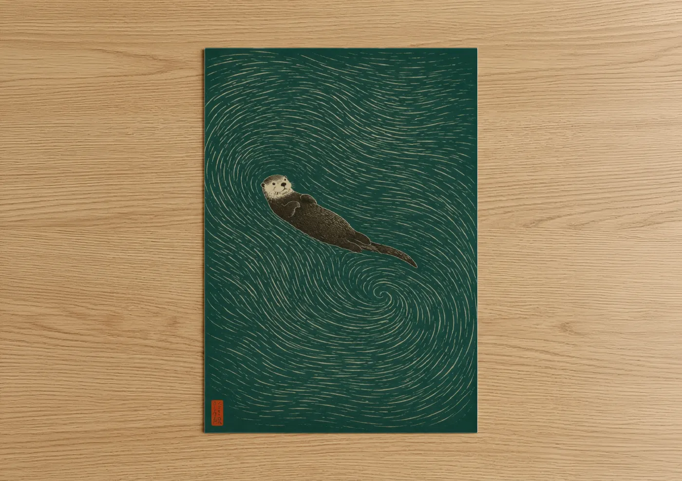 Seascapes and ocean art print on warm oak wood — dark green and beige palette — Sea Otter Ocean Waves Wall Art poster