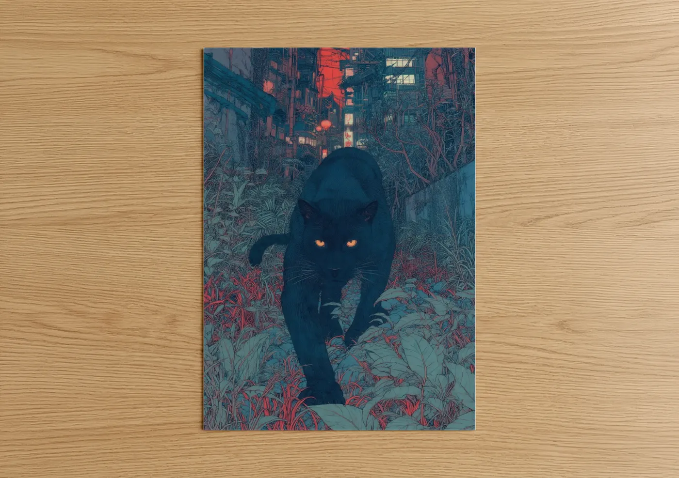 Art print on warm oak wood — blue and red palette — Neon Panther poster