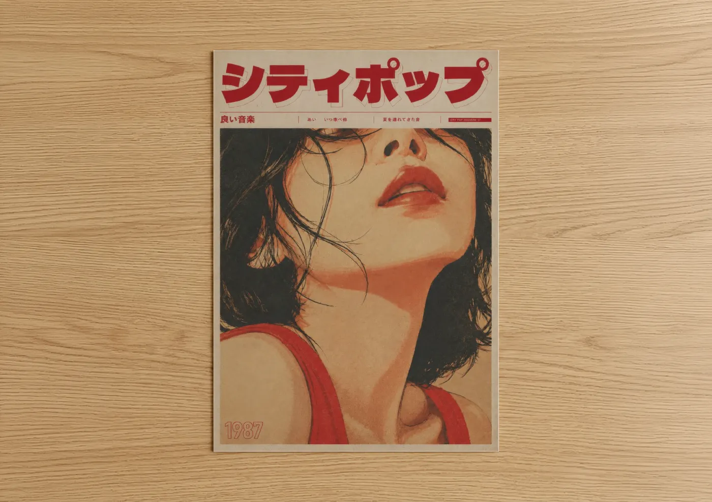 Fashion illustration art print on warm oak wood — red and beige palette — Vintage Japanese Pop Magazine Wall Art poster