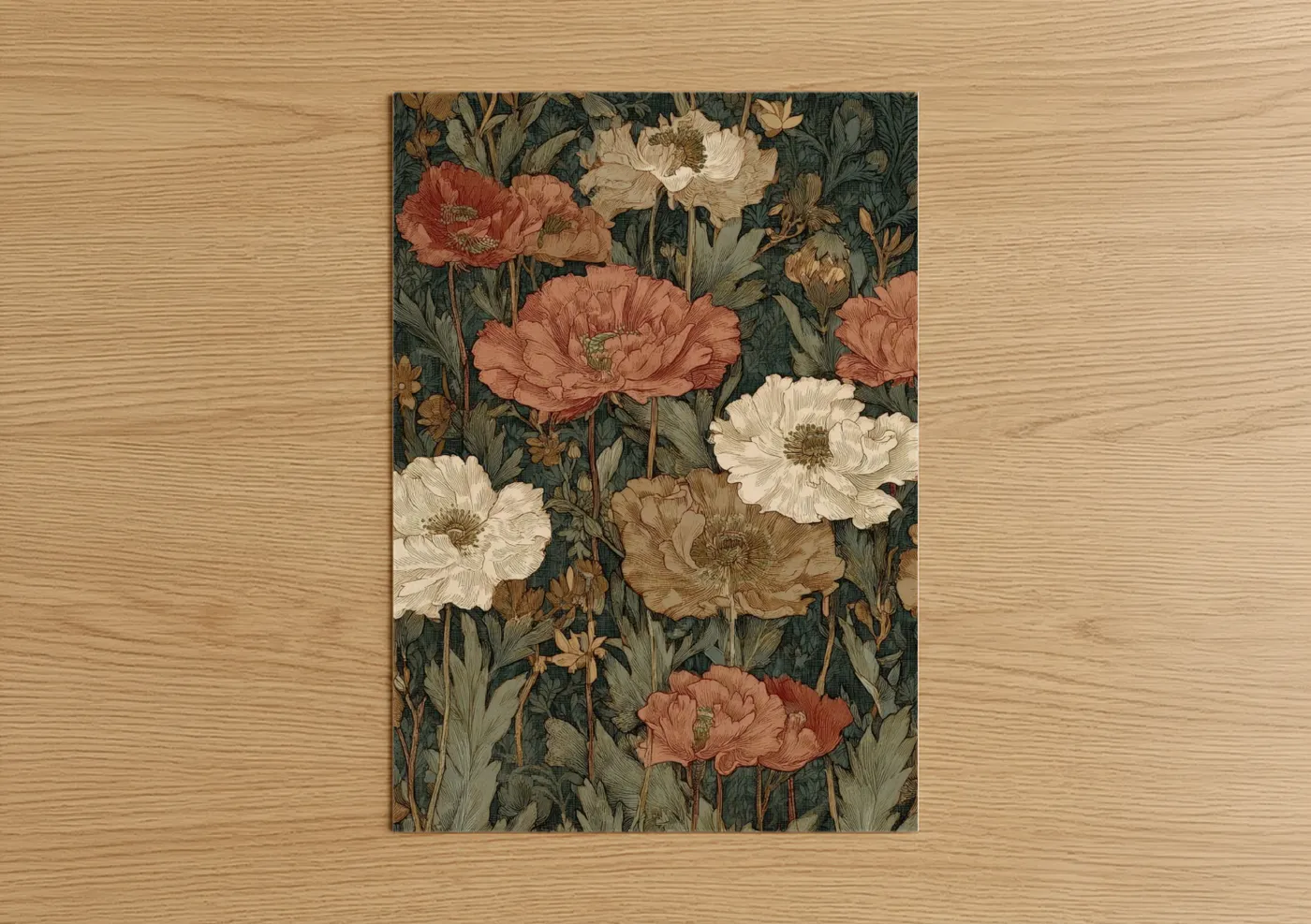 Poppies art print on warm oak wood — cream and russet palette — Vintage Poppy Garden poster