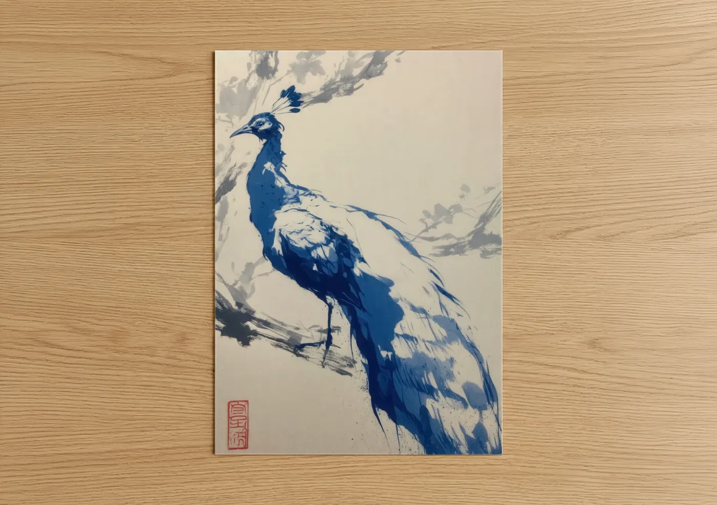 Azure Peacock Japanese Art Print Wall Art