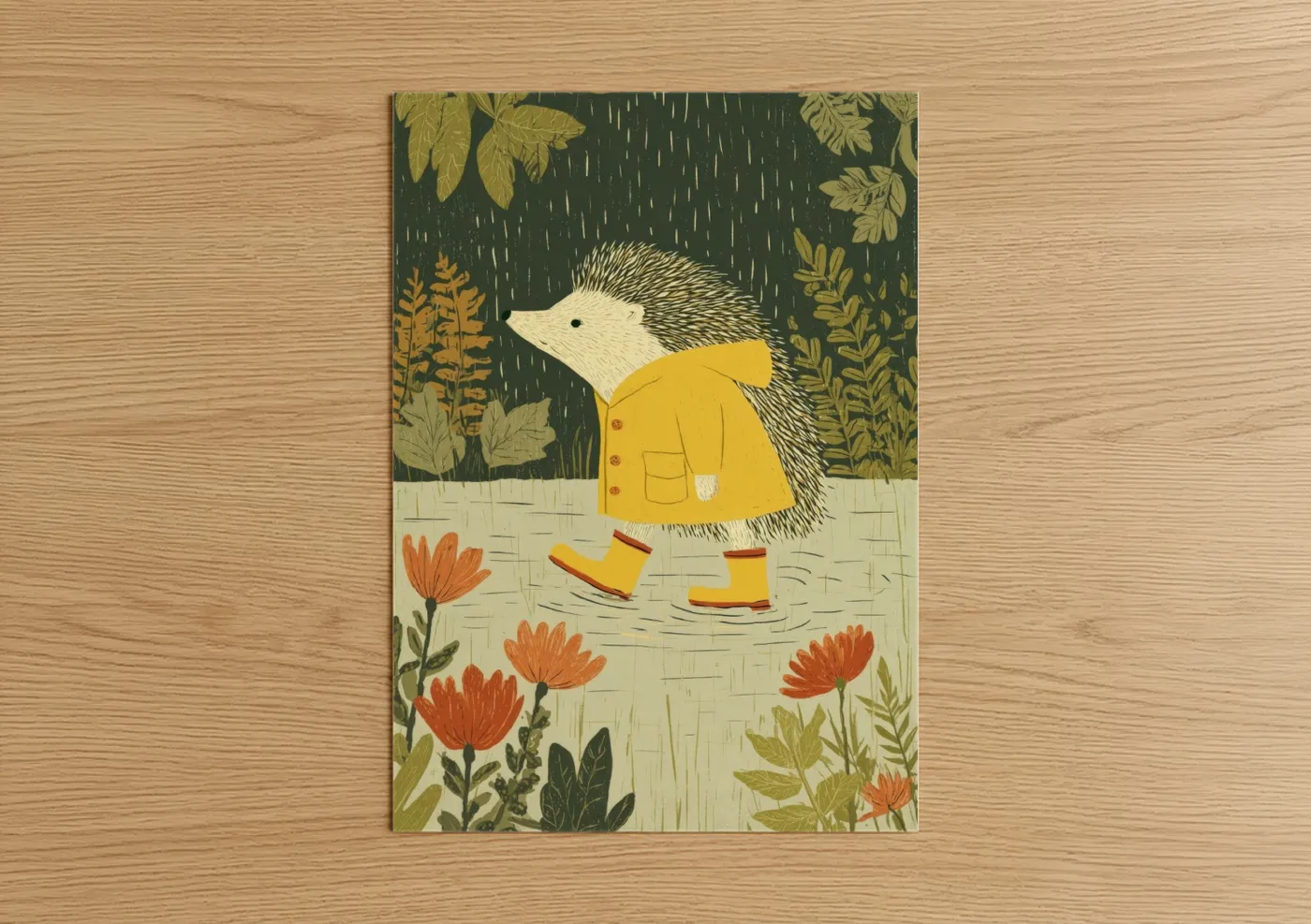 Hedgehog In Yellow Raincoat Illustration Wall Art