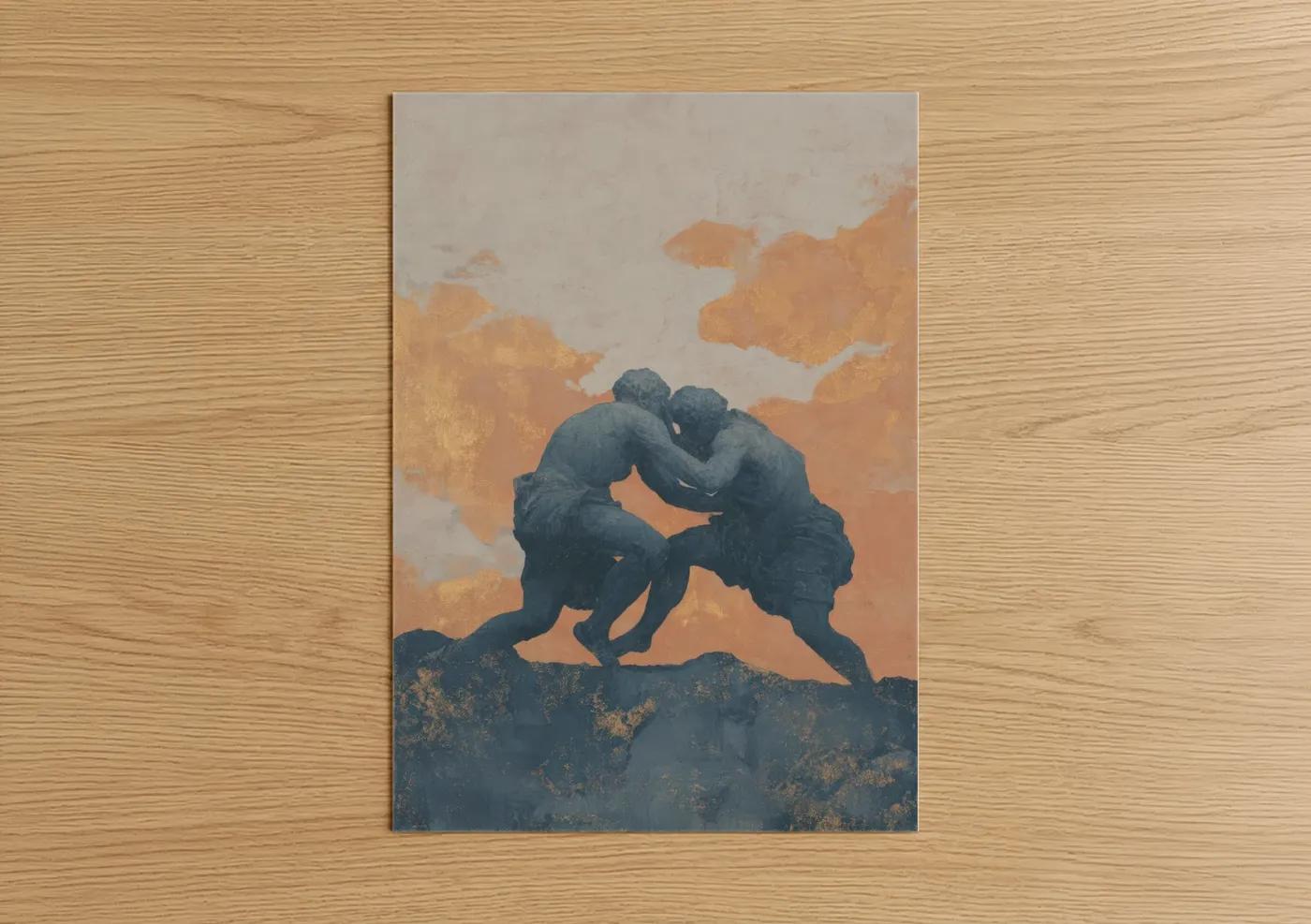 Dark Silhouette Wrestlers Golden Sky Wall Art