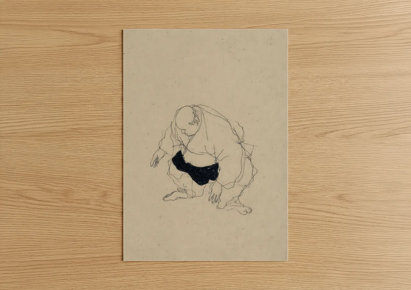 Art print on warm oak wood — beige and black and white palette — Contemplative Sumo poster