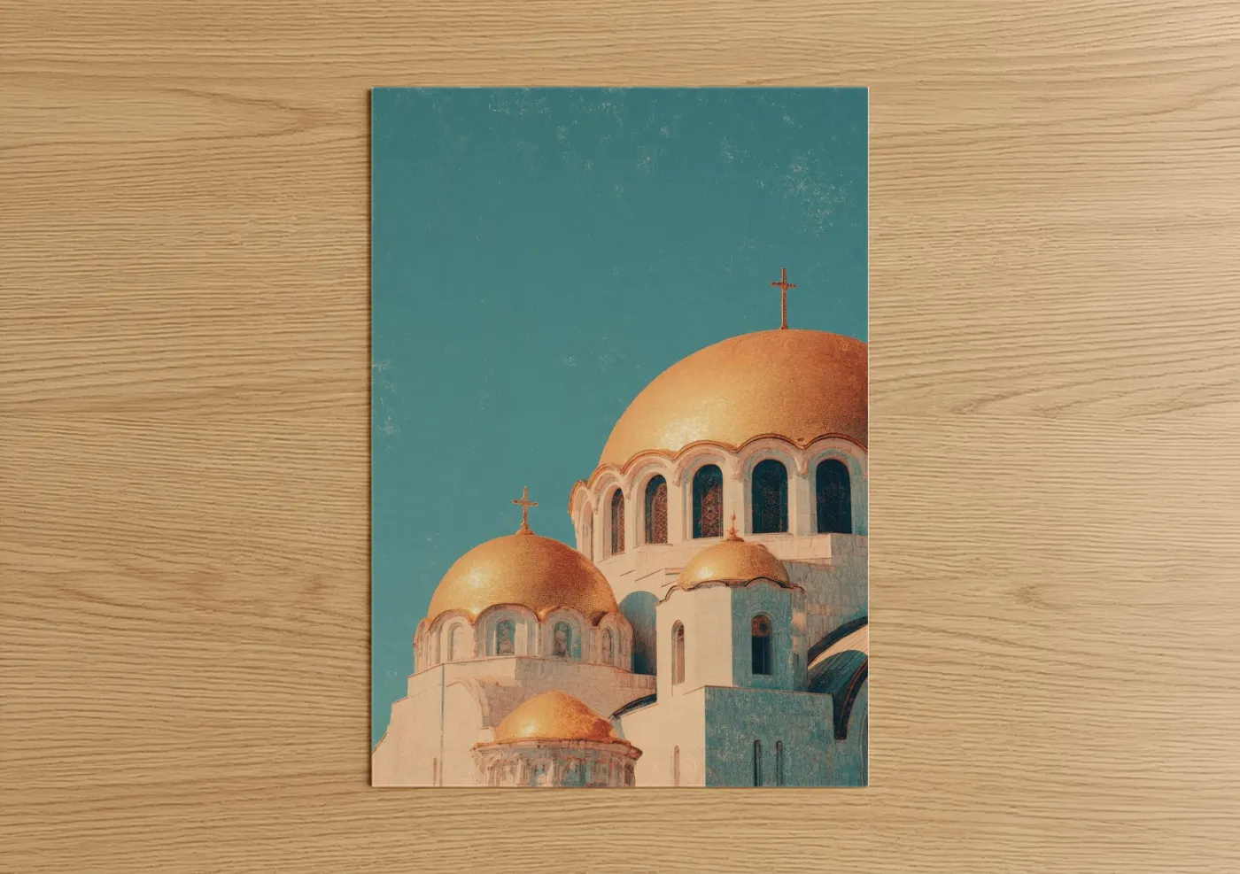 Art print on warm oak wood — gold and teal palette — Golden Monastery poster